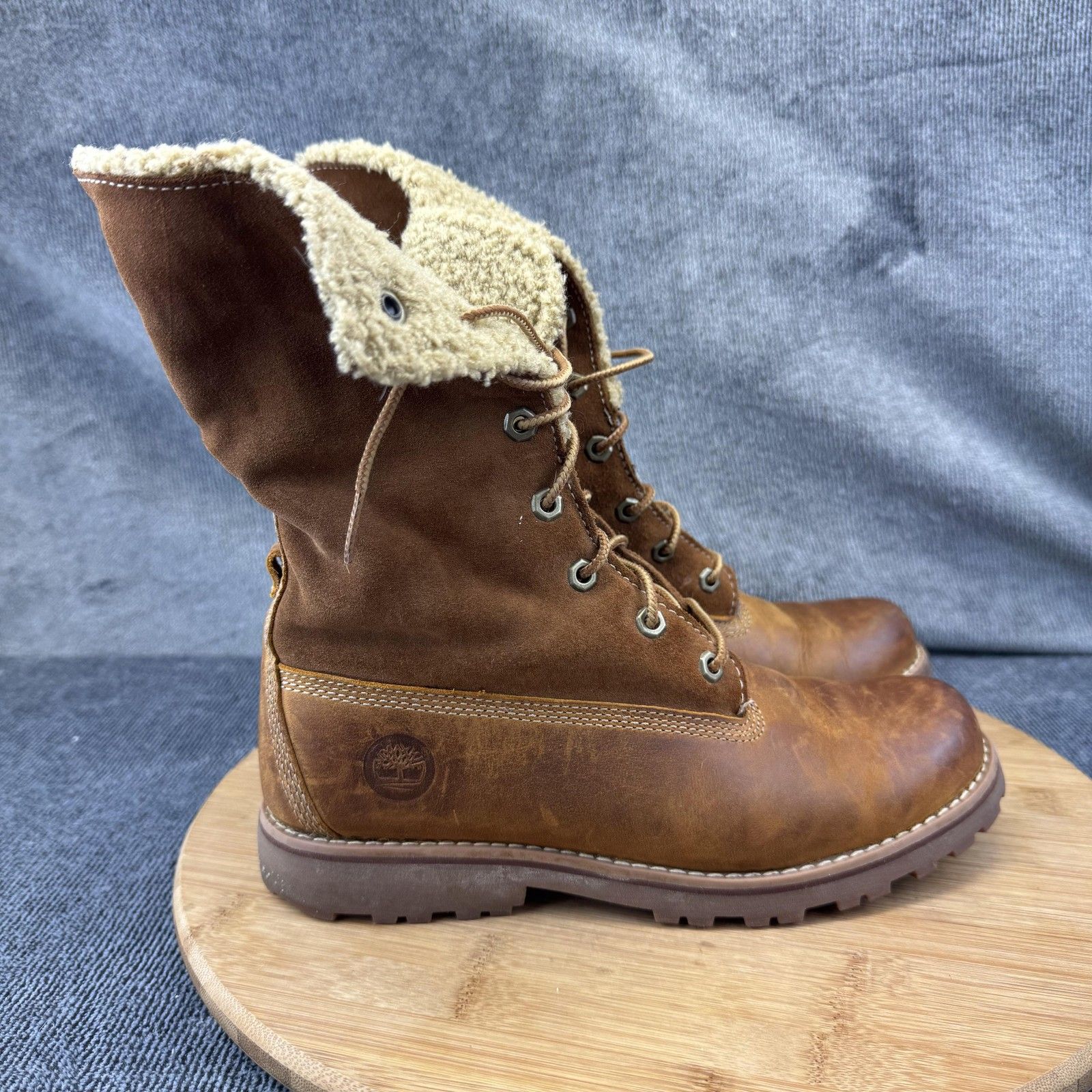 Timberland Boots Girls Size 4.5 Brown Leather Suede Shearling Lined Lace Up